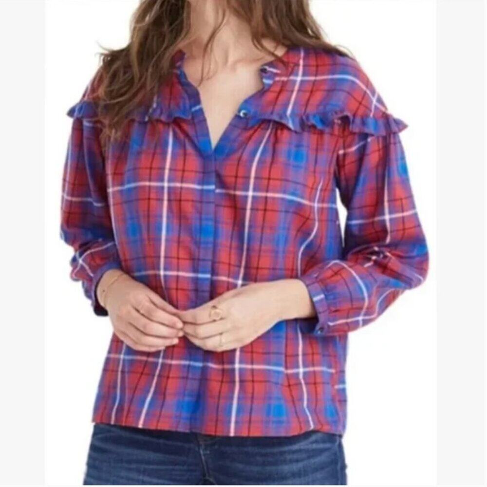 Madewell Red & Blue Plaid Ruffle Button-Front Blouse